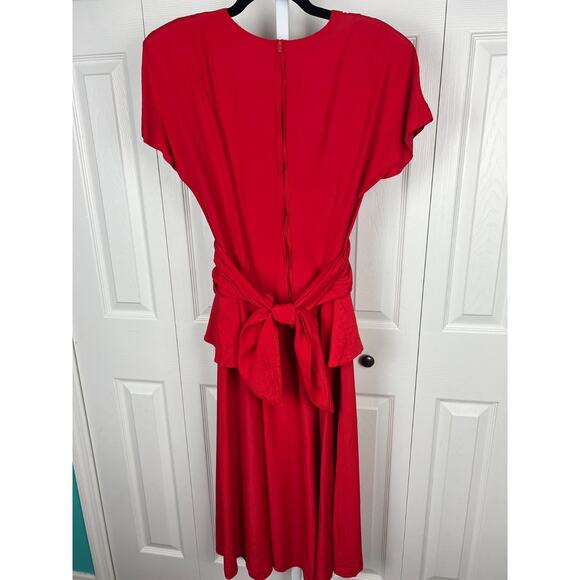 90s Hearts Brand Red Short Sleeve Tie Waist Secretary Midi Dress Size 10 - Picture 6 of 8